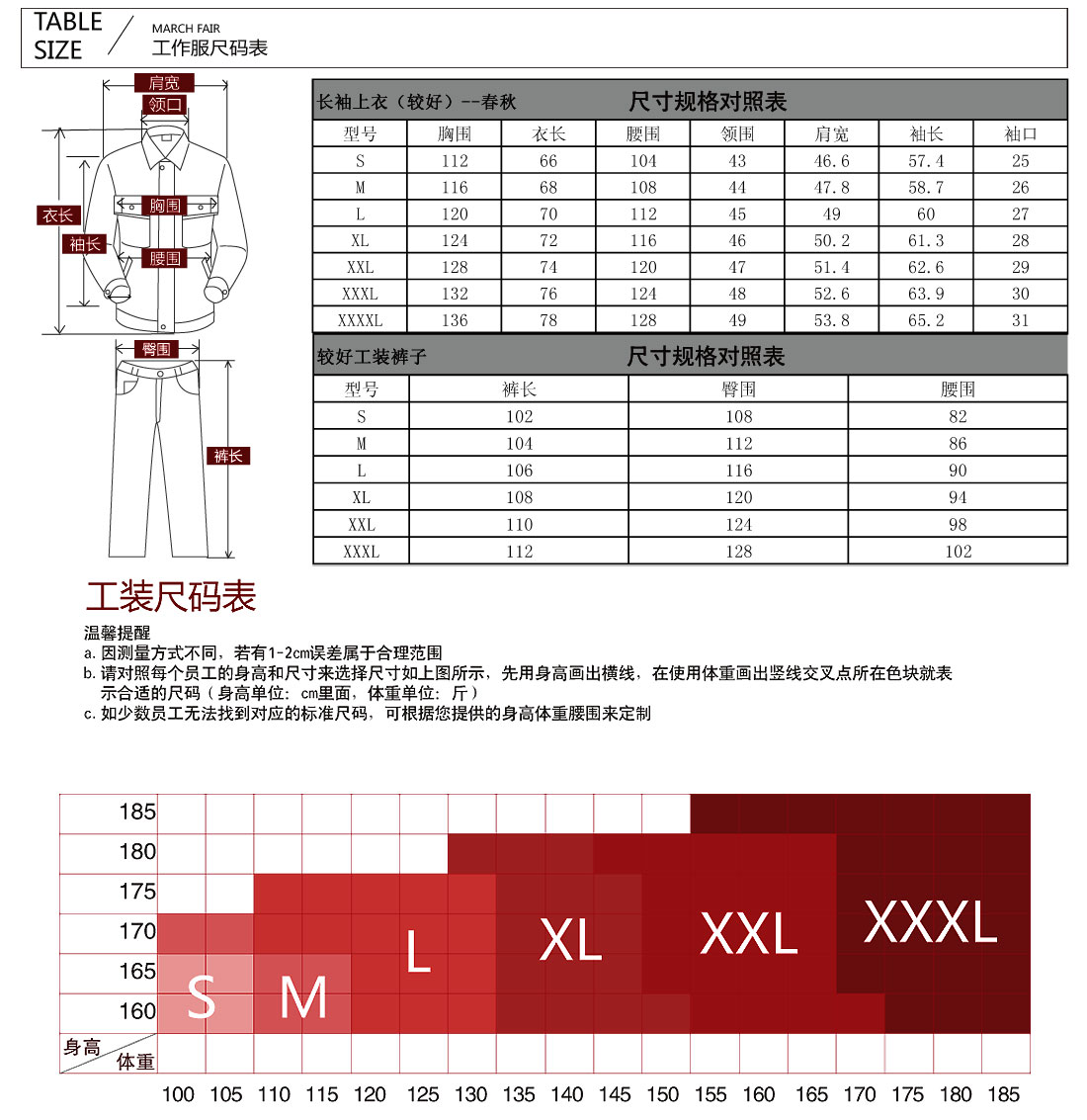 阻燃工作服尺码参数 阻燃工作服尺码参数